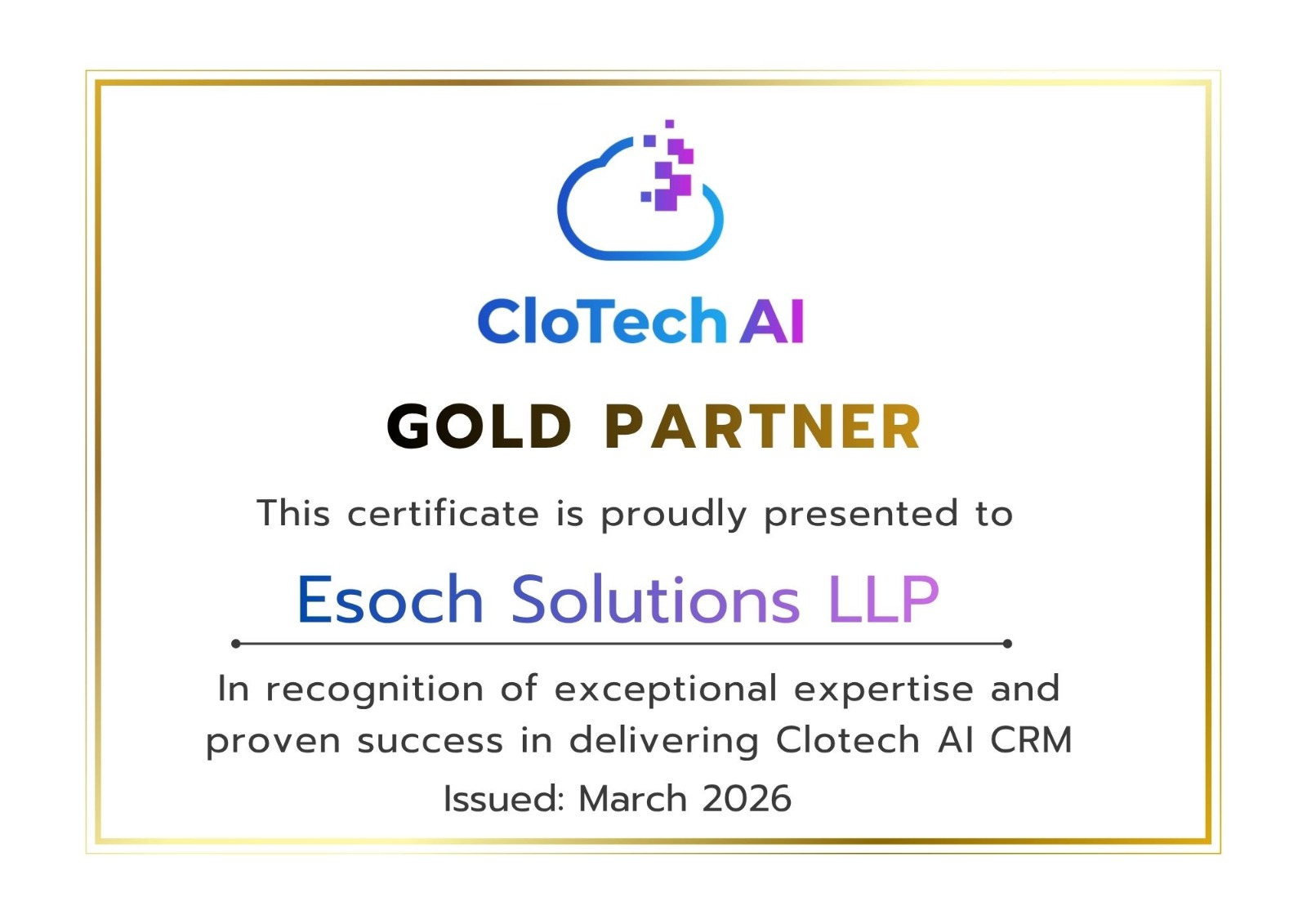 Esoch Solutions LLP — Clotech AI CRM Authorised Gold Partner Certificate