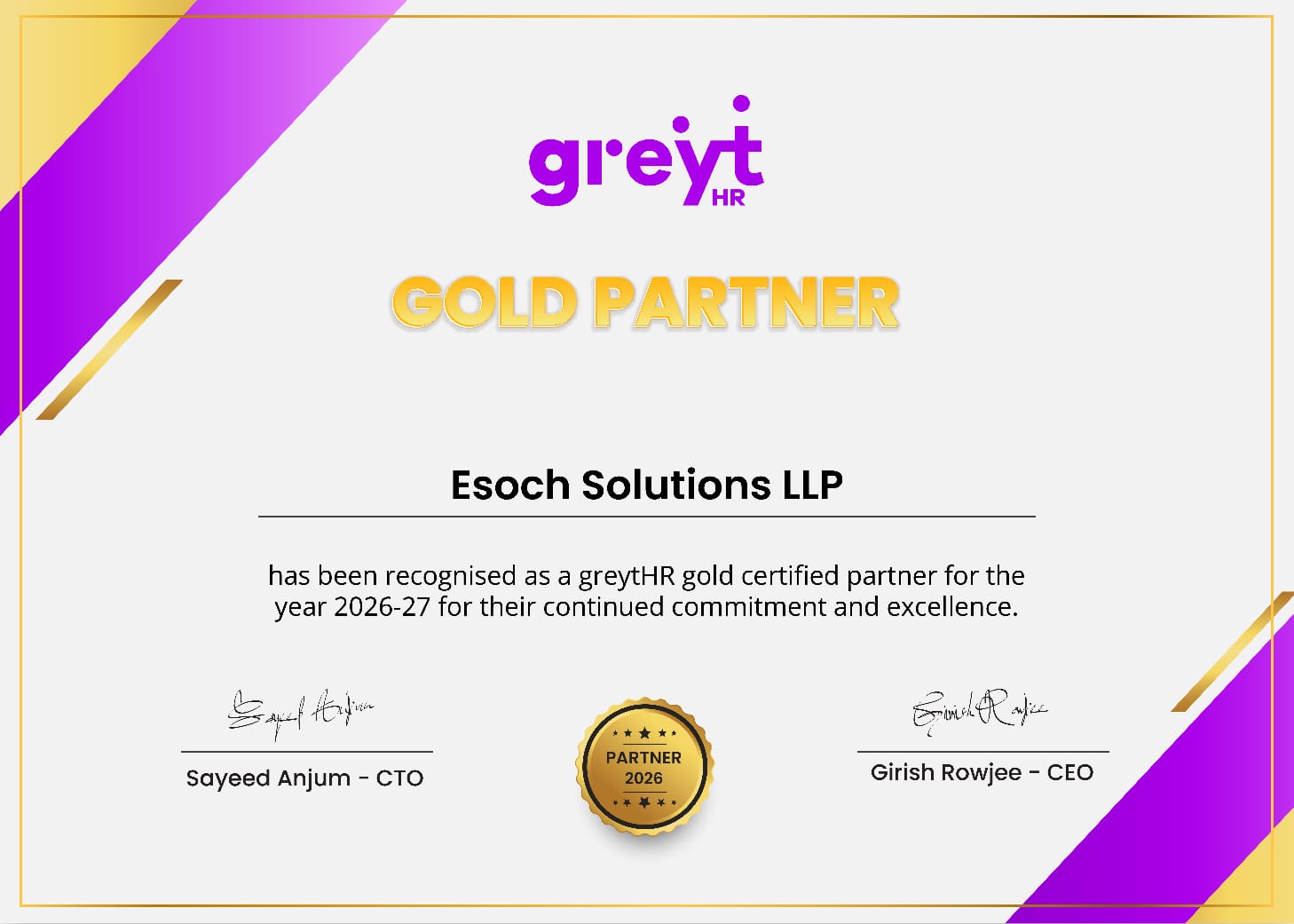 Esoch Solutions LLP — greytHR Authorised Gold Partner Certificate